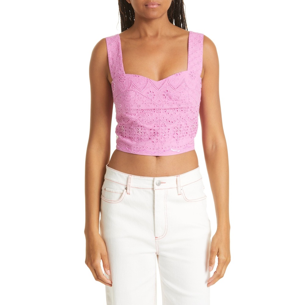 Nicole Miller Women's L Crop Top Pink Eyelet Beaded Sequin Embroidered NEW